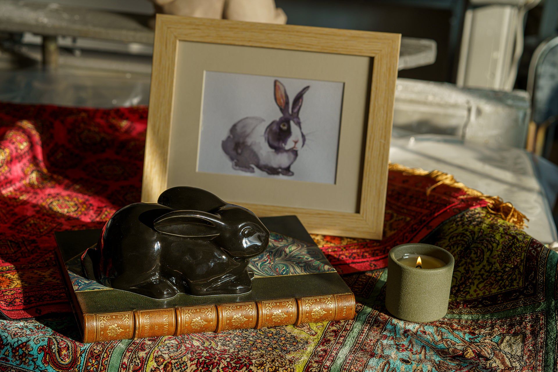 Bunny Memorial Bundle - 4 Pieces - Portrait | Urn | Nameplate Holder | Scented Candle - Pulvis Art Urns