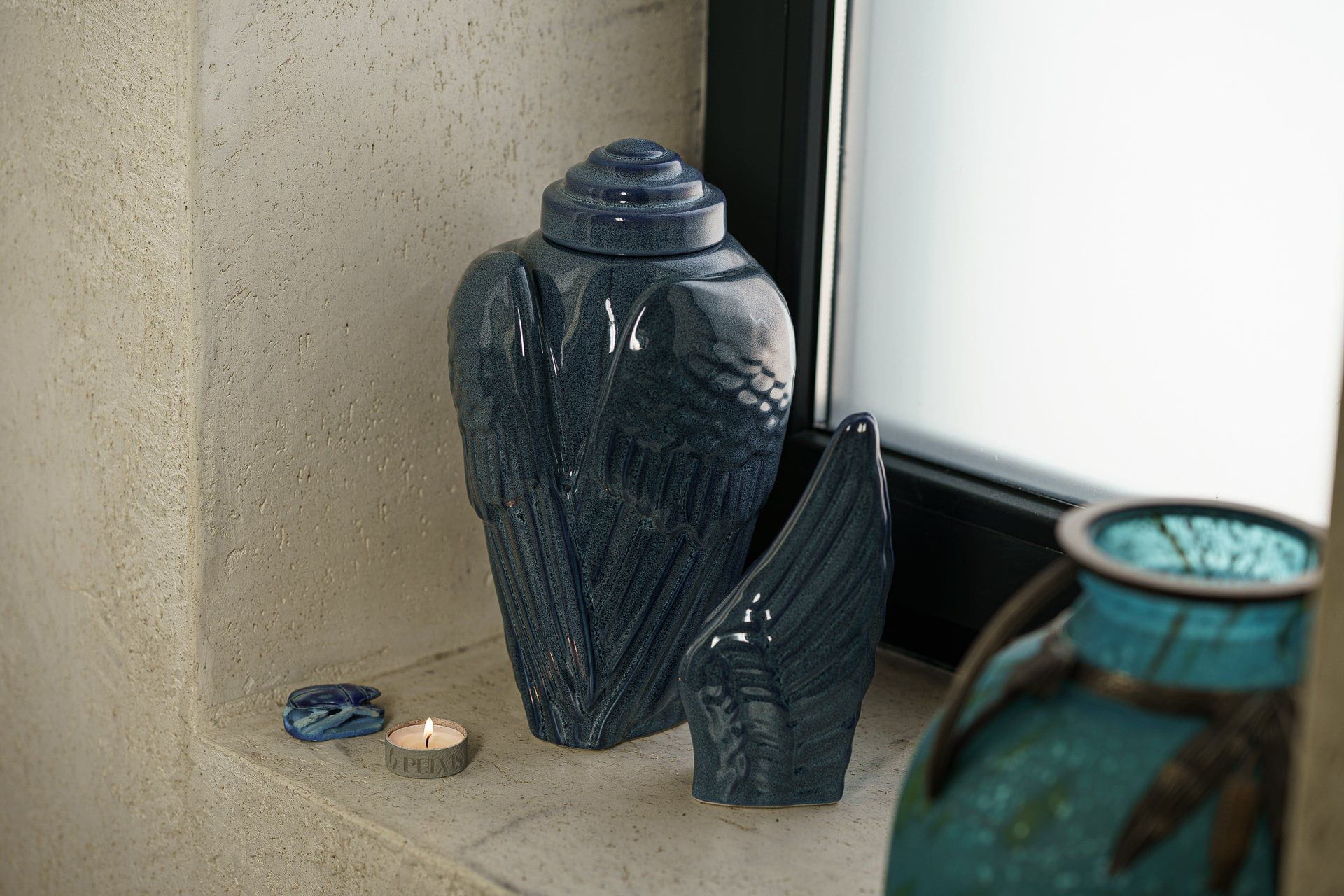 Handmade Cremation Urn for Ashes "Wings" - Large | Blue Melange | Ceramic Urn - Pulvis Art Urns