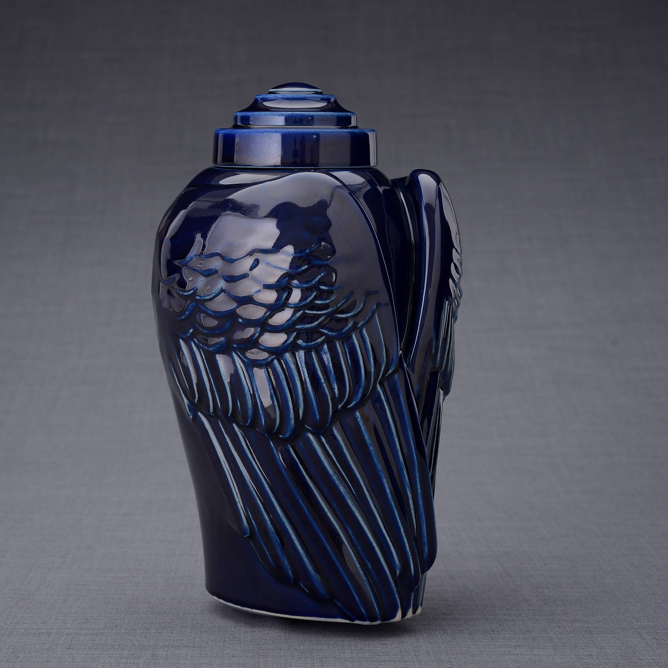 Handmade Cremation Urn for Ashes "Wings" - Large | Cobalt Metallic | Ceramic Urn - Pulvis Art Urns