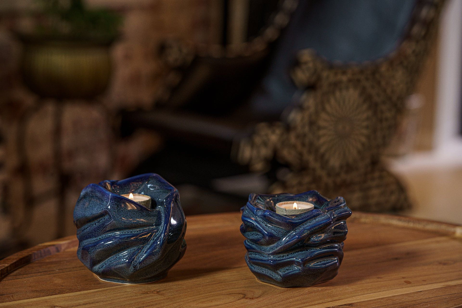 Cremation Keepsake Urn For Ashes With Candle | Blue Melange | Ceramic Urn - Pulvis Art Urns