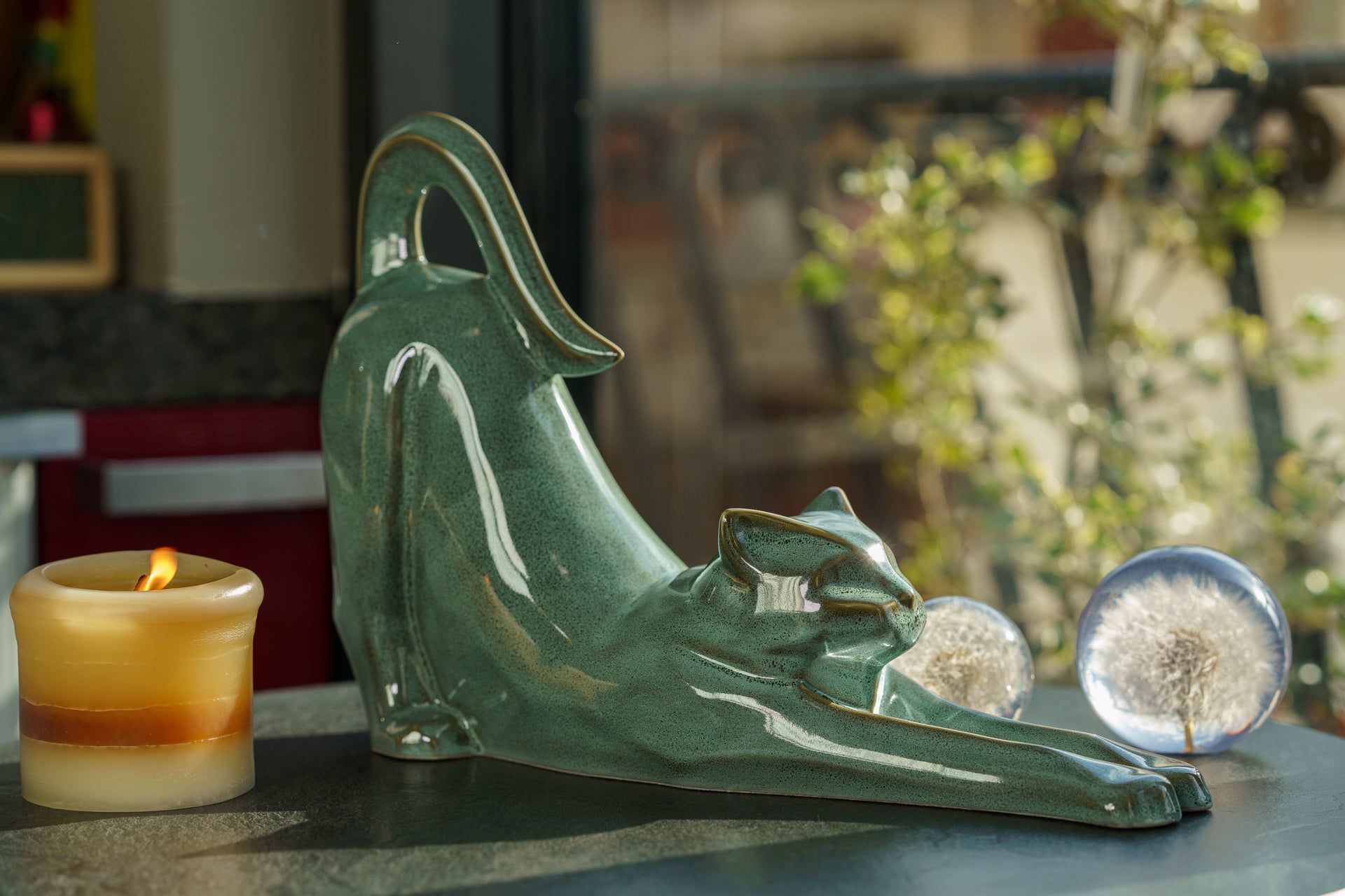 Cat Cremation Urn For Ashes "Grace" - Oily Green Melange | Ceramic Pet Urn - Pulvis Art Urns