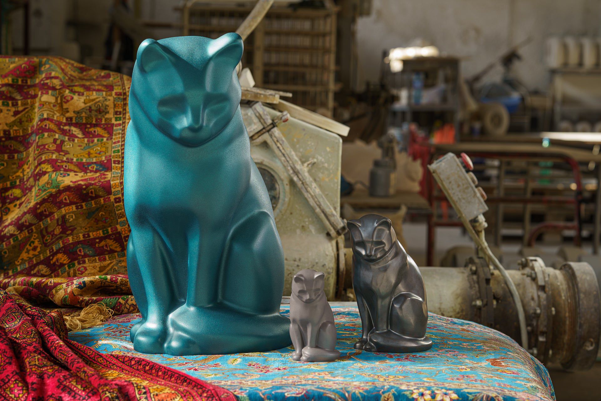 Wooden Cat Statue Urn "Neko" - Hand Sprayed | Azure Blue - Pulvis Art Urns