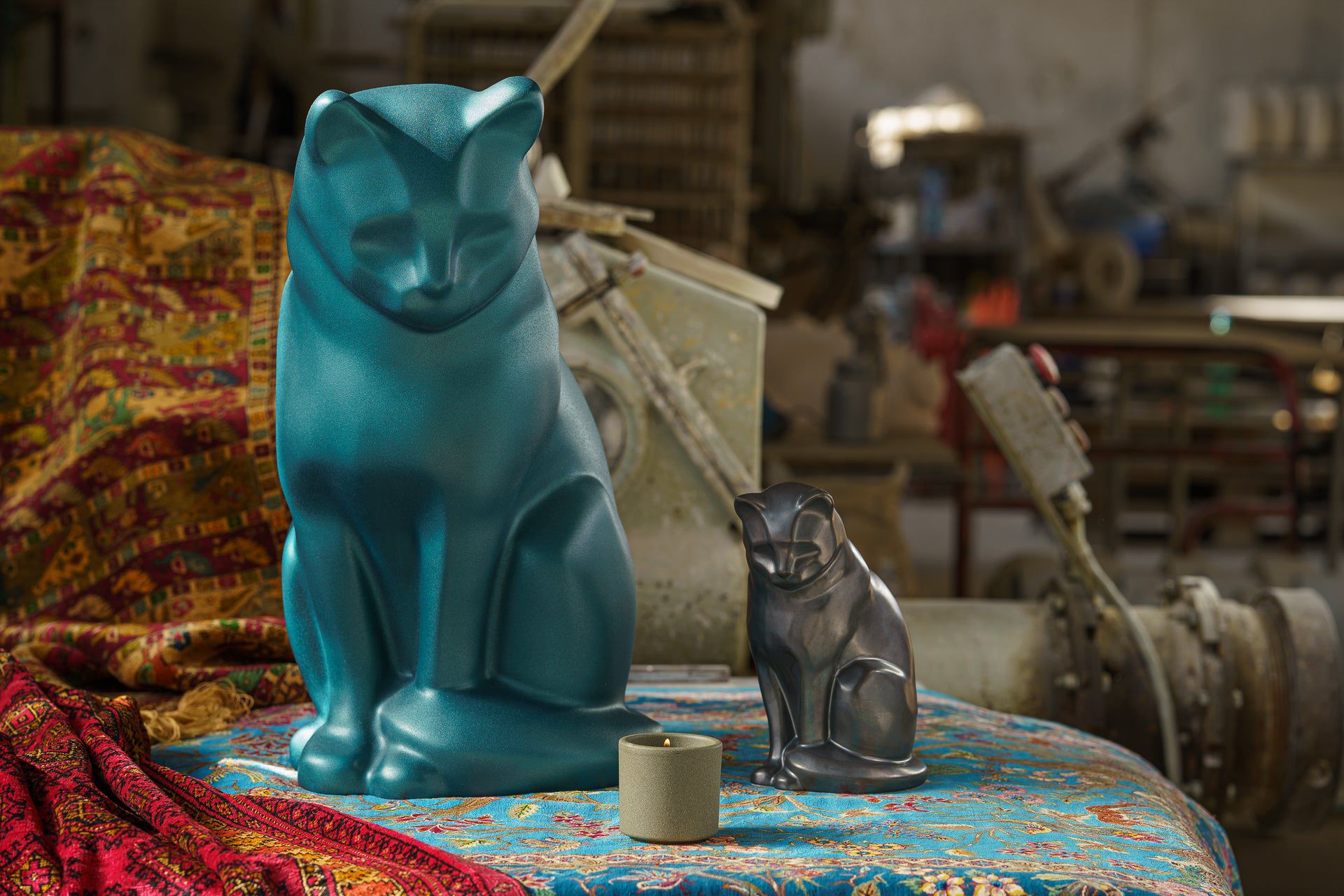 Wooden Cat Statue Urn "Neko" - Hand Sprayed | Azure Blue - Pulvis Art Urns