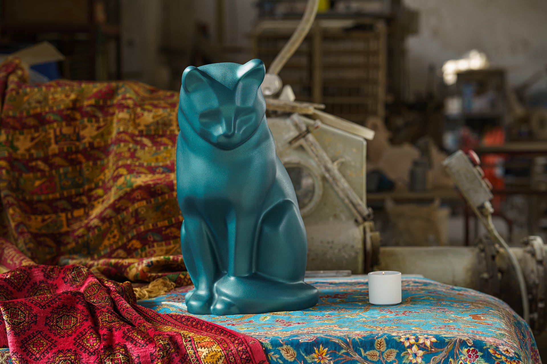 Wooden Cat Statue Urn "Neko" - Hand Sprayed | Azure Blue - Pulvis Art Urns