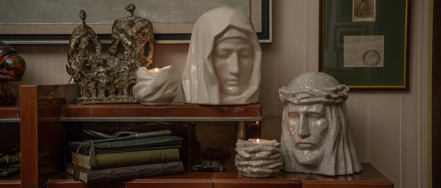 The Christ Urn and The Holy Mother Sculpture Art Urn for Ashes. Religious Urns by Pulvis Art Urns.