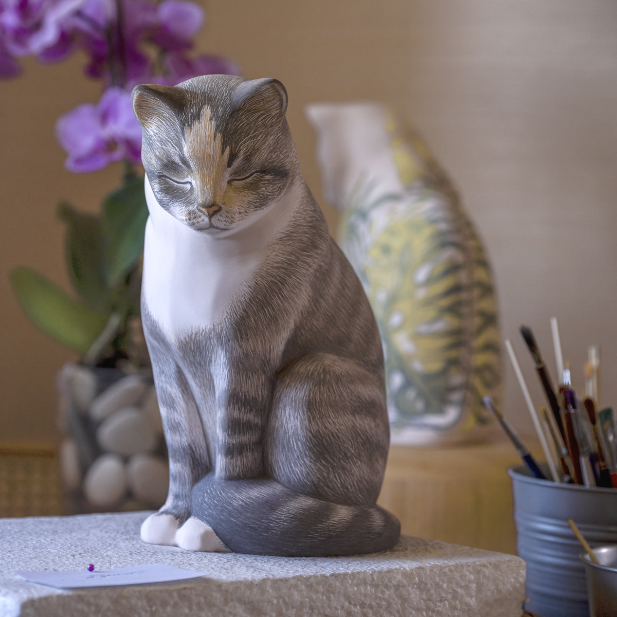 Custom Decorated Pet Urn - Handmade | Neko - Sitting Cat | Ceramic Pet Urn