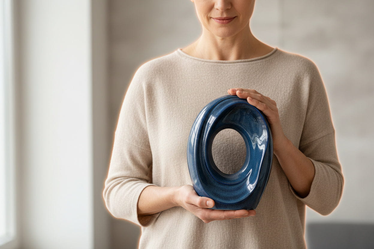 Person holding a blue ceramic urn against a neutral background