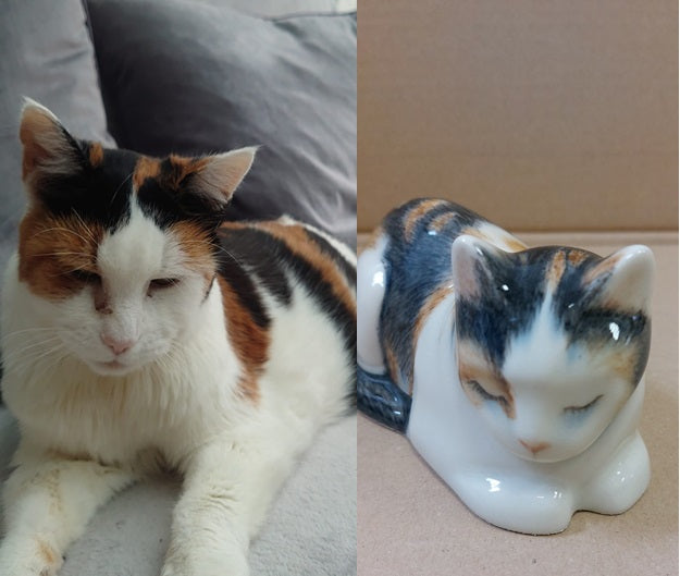 Custom Decorated Pet Urn - Handmade | Mini Laying Cat | Ceramic Pet Urn