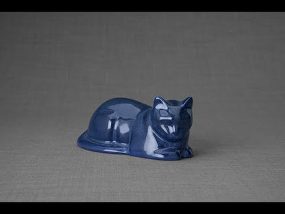 Mini Laying Cat Cremation Urn - Blue Melange | Ceramic
