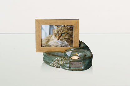 Cremation Urn "Cozy" - Oily Green Melange | Ceramic Picture Frame Urn - Pulvis Art Urns