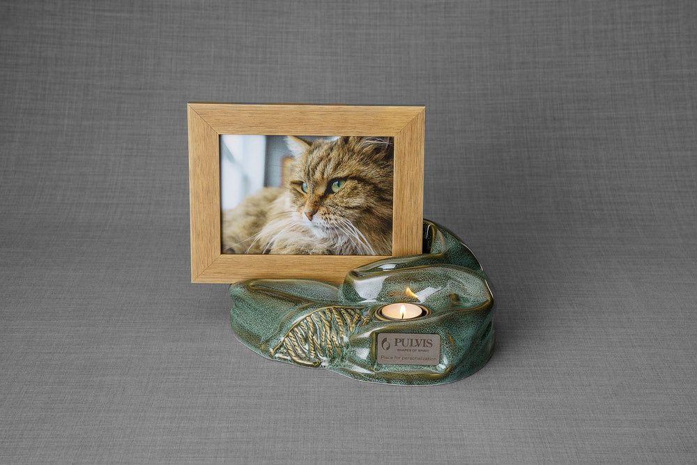 
                  
                    Pulvis Art Urns Adult Size Urn Cremation Urn "Cozy" - Oily Green Melange | Ceramic Picture Frame Urn
                  
                