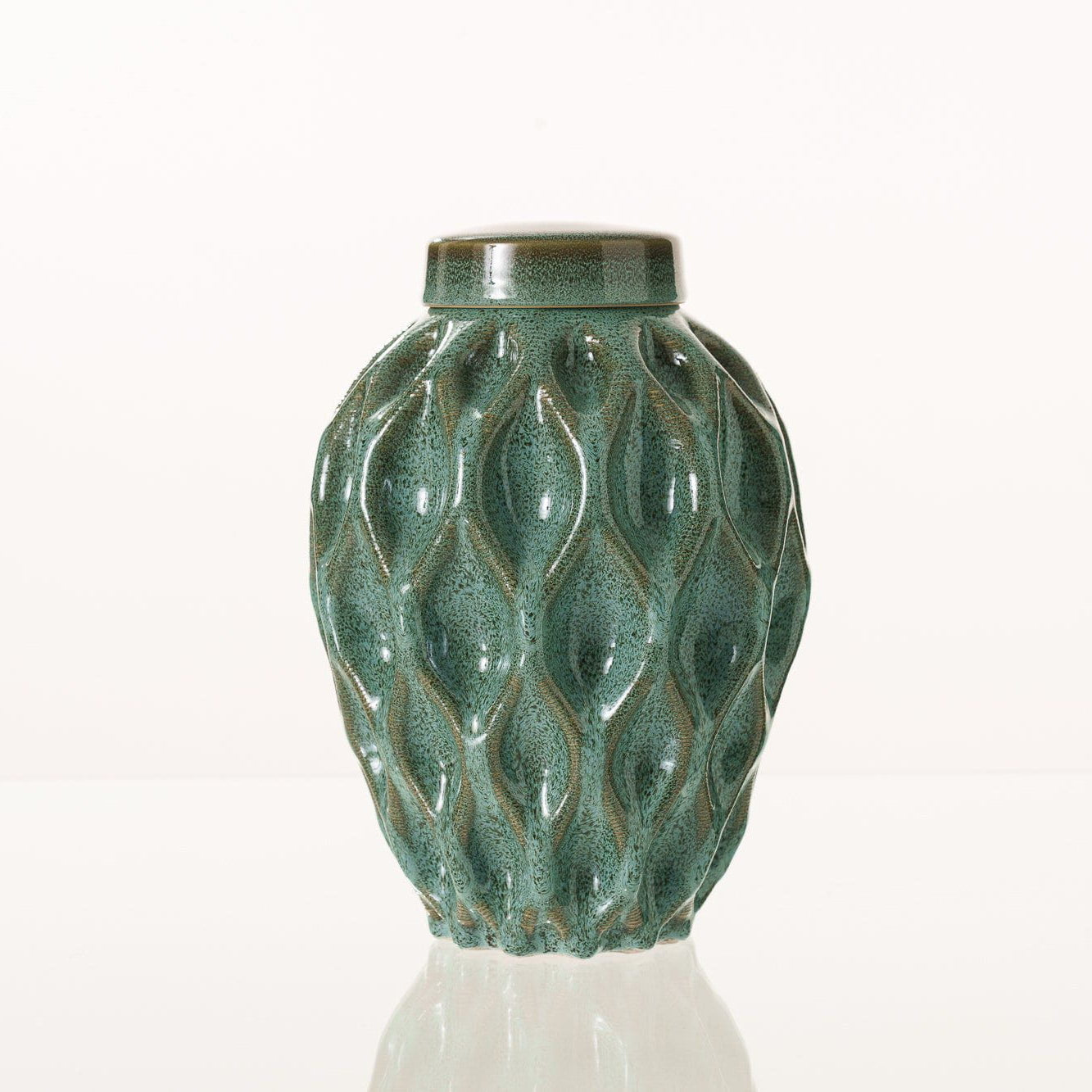Cremation Urn "Echo" - 3D Printed Ceramic Urn | Oily Green Melange | Large - Pulvis Art Urns