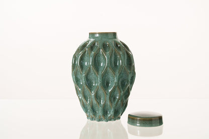 Cremation Urn "Echo" - 3D Printed Ceramic Urn | Oily Green Melange | Large - Pulvis Art Urns