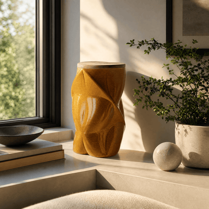 Pulvis Art Urns Adult Size Urn Cremation Urn "Nexus" - 3D Printed Ceramic Urn | Amber Yellow | Large