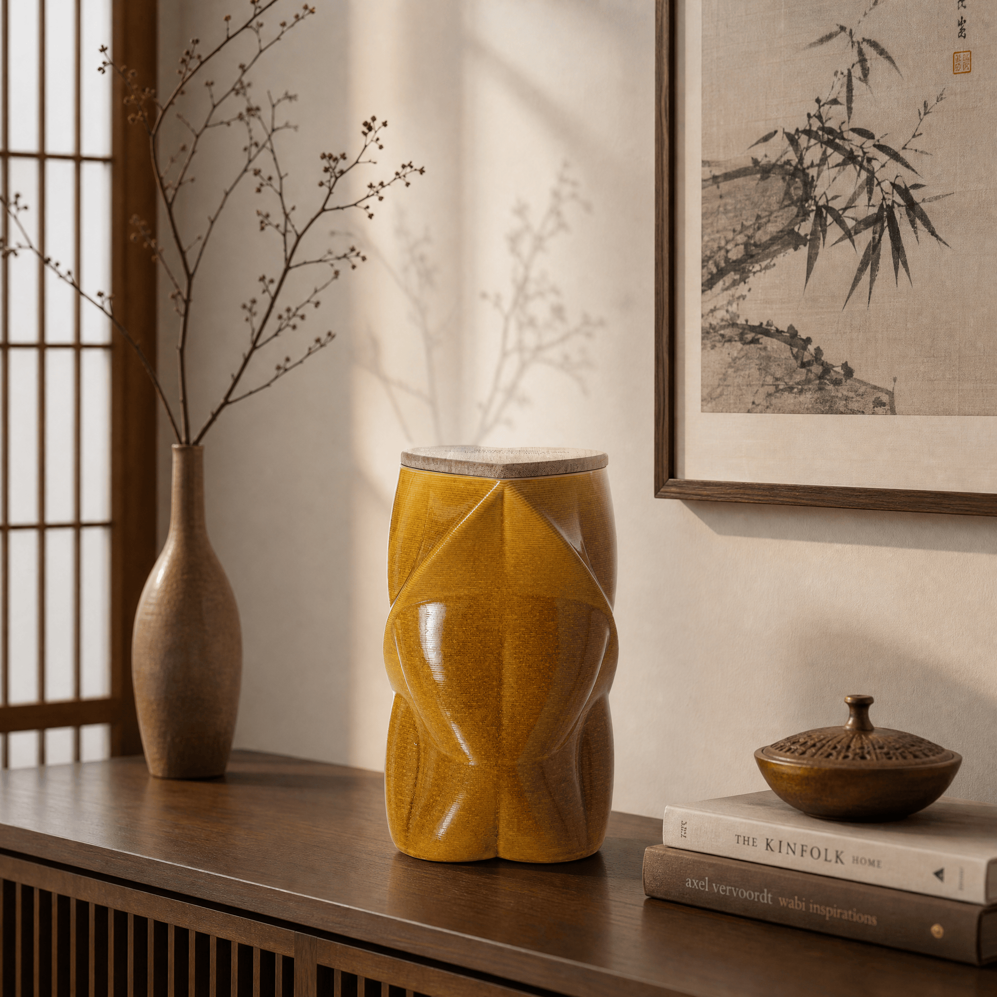 Pulvis Art Urns Adult Size Urn Cremation Urn "Nexus" - 3D Printed Ceramic Urn | Amber Yellow | Large