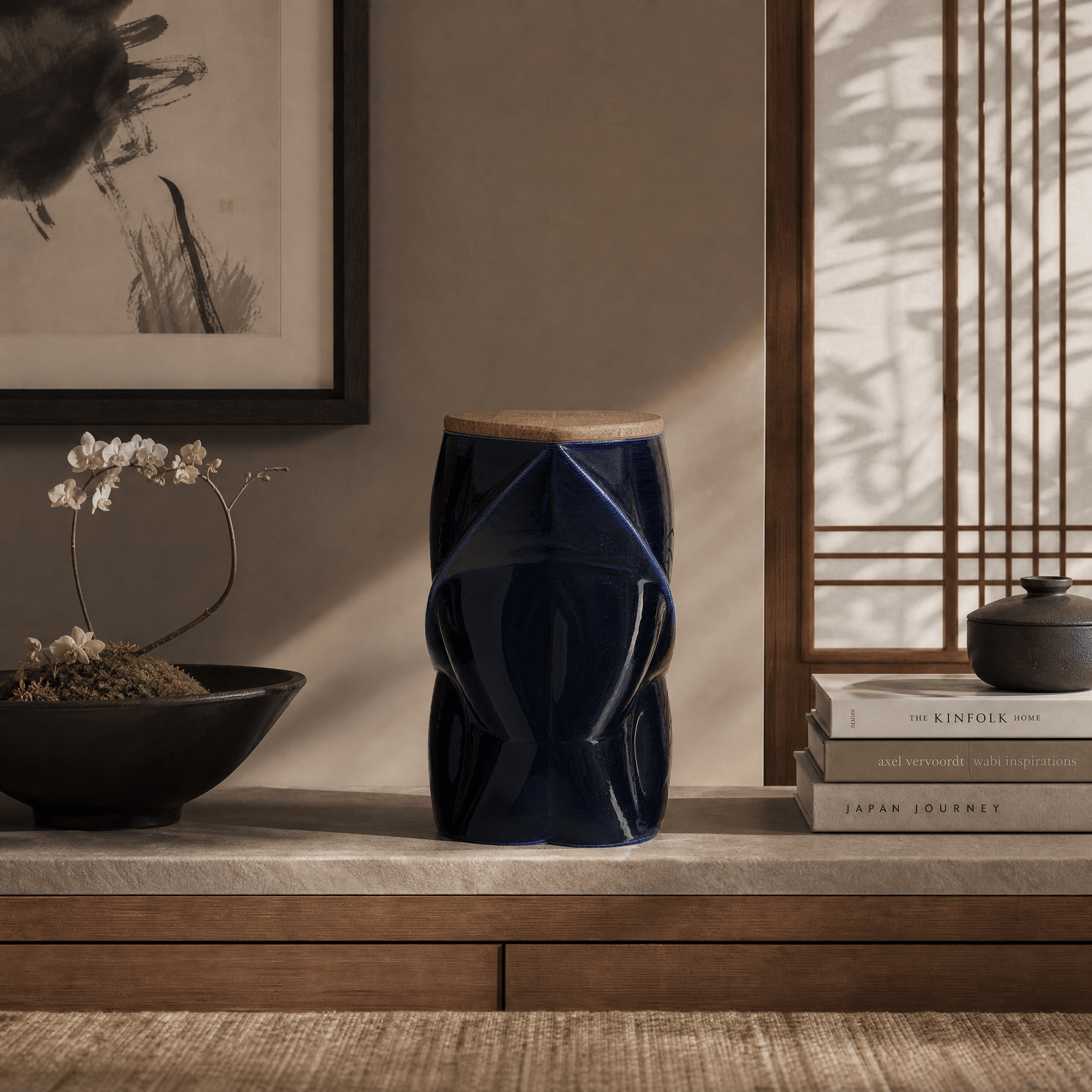 Pulvis Art Urns Adult Size Urn Cremation Urn "Nexus" - 3D Printed Ceramic Urn | Cobalt Metalic | Large
