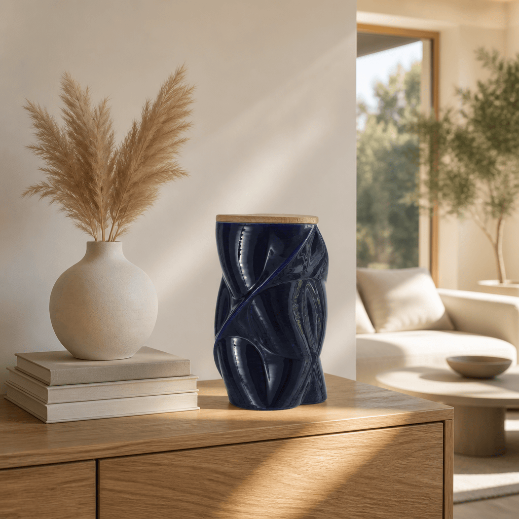 Pulvis Art Urns Adult Size Urn Cremation Urn "Nexus" - 3D Printed Ceramic Urn | Cobalt Metalic | Large