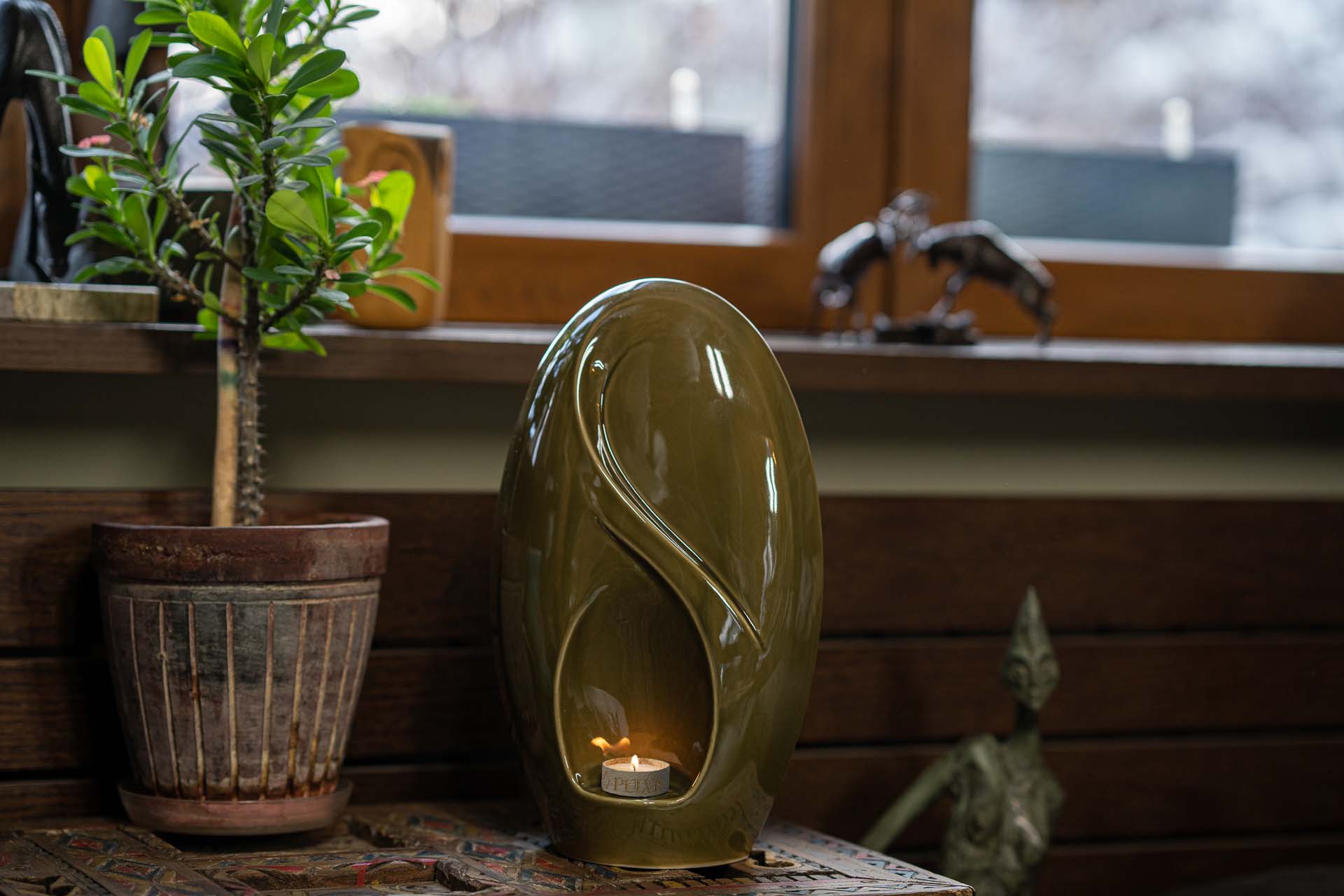 Eternity Handmade Cremation Urn for Ashes - Large | Oily Green | Ceramic Urn - Pulvis Art Urns