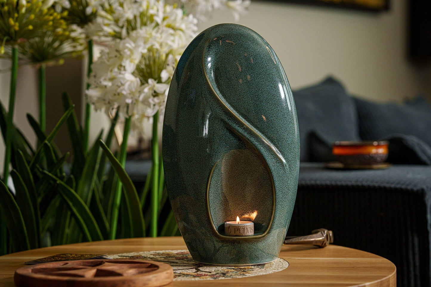 
                  
                    Pulvis Art Urns Adult Size Urn Eternity Handmade Cremation Urn for Ashes - Large | Oily Green Melange
                  
                