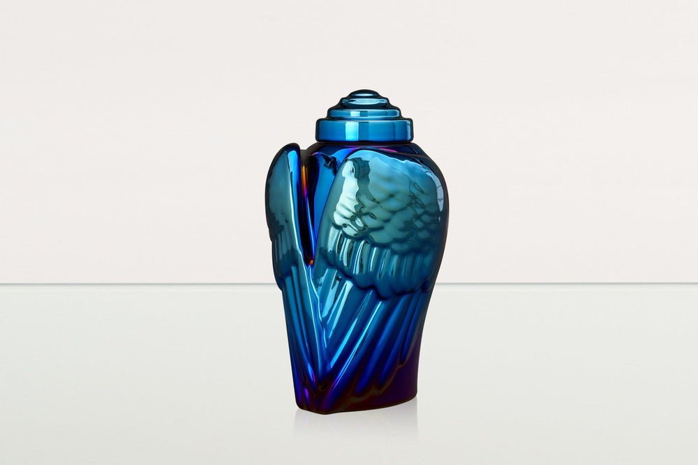 Pulvis Art Urns Adult Size Urn Exclusive Cremation Urn for Ashes "Wings" - Large | Glossy Blue Urn
