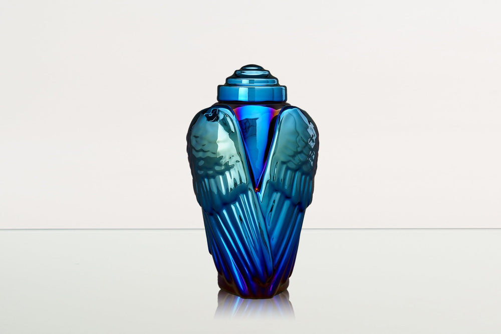 Pulvis Art Urns Adult Size Urn Exclusive Cremation Urn for Ashes "Wings" - Large | Glossy Blue Urn