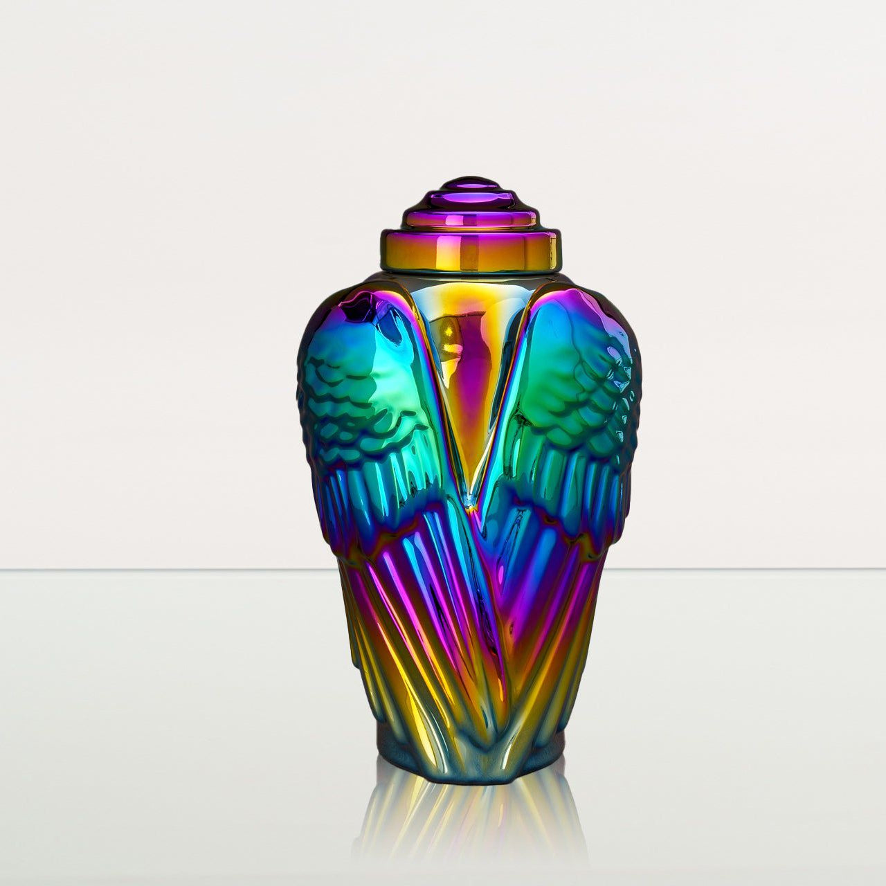 Exclusive Cremation Urn for Ashes "Wings" - Large | Rainbow Chrome Urn - Pulvis Art Urns
