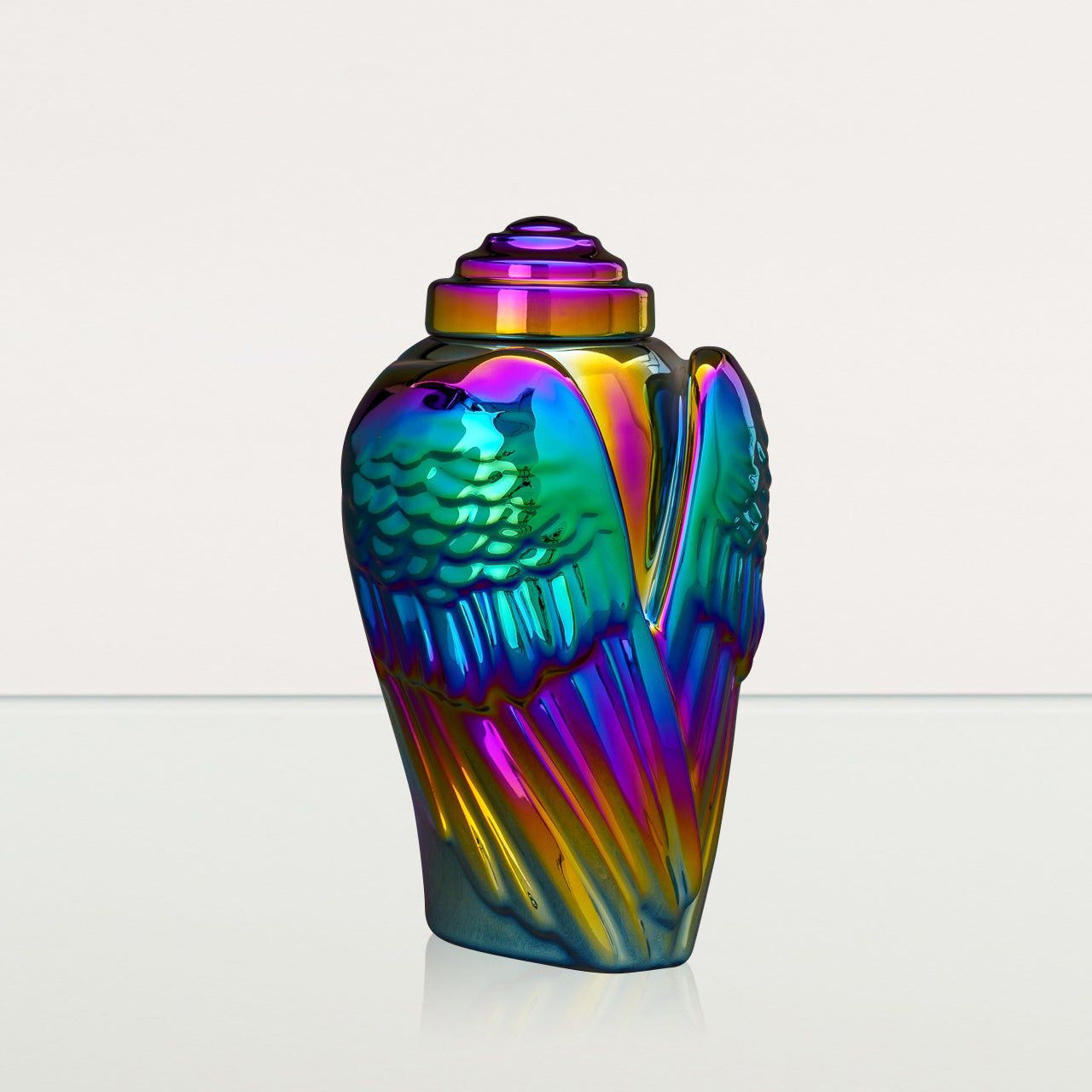 Exclusive Cremation Urn for Ashes "Wings" - Large | Rainbow Chrome Urn - Pulvis Art Urns