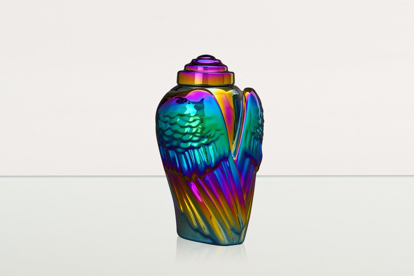 
                  
                    Pulvis Art Urns Adult Size Urn Exclusive Cremation Urn for Ashes "Wings" - Large | Rainbow Chrome Urn
                  
                