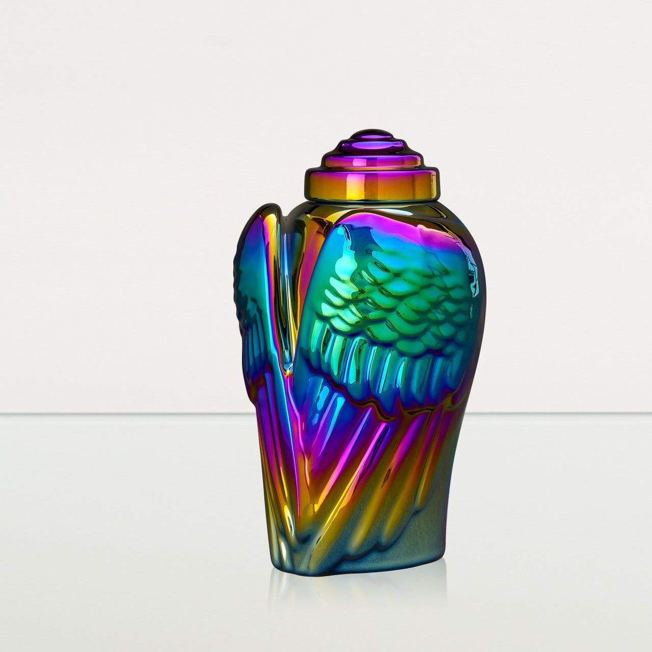 Exclusive Cremation Urn for Ashes "Wings" - Large | Rainbow Chrome Urn - Pulvis Art Urns