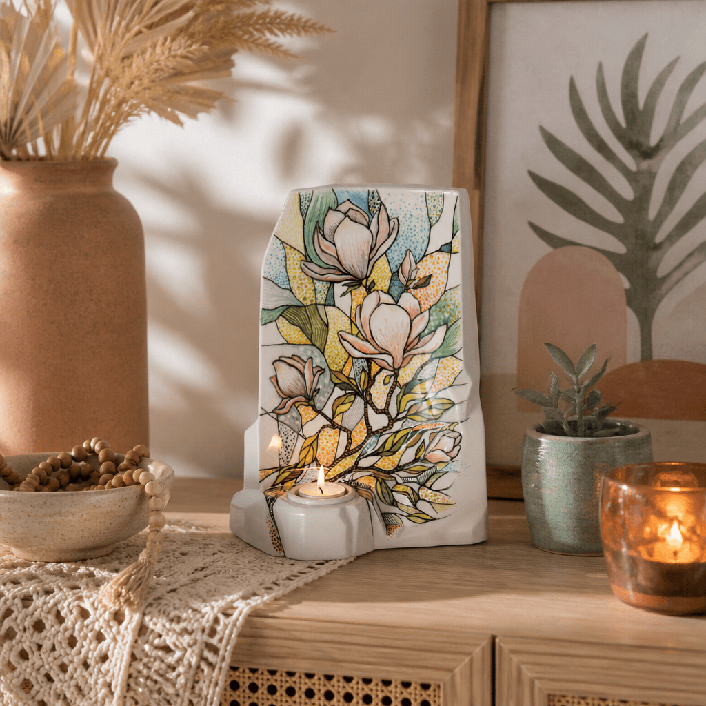 Pulvis Art Urns Adult Size Urn Hand Decorated Urn for Ashes "Magnolia" - Large | Ceramic