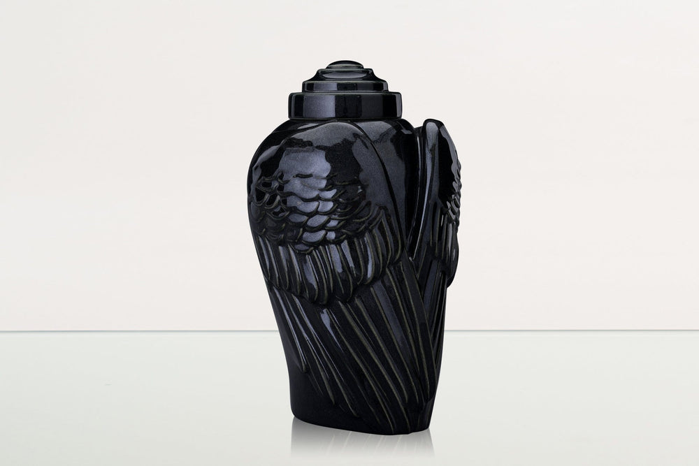 Pulvis Art Urns Adult Size Urn Handmade Cremation Urn for Ashes "Wings" - Large | Black Gloss | Ceramic Urn