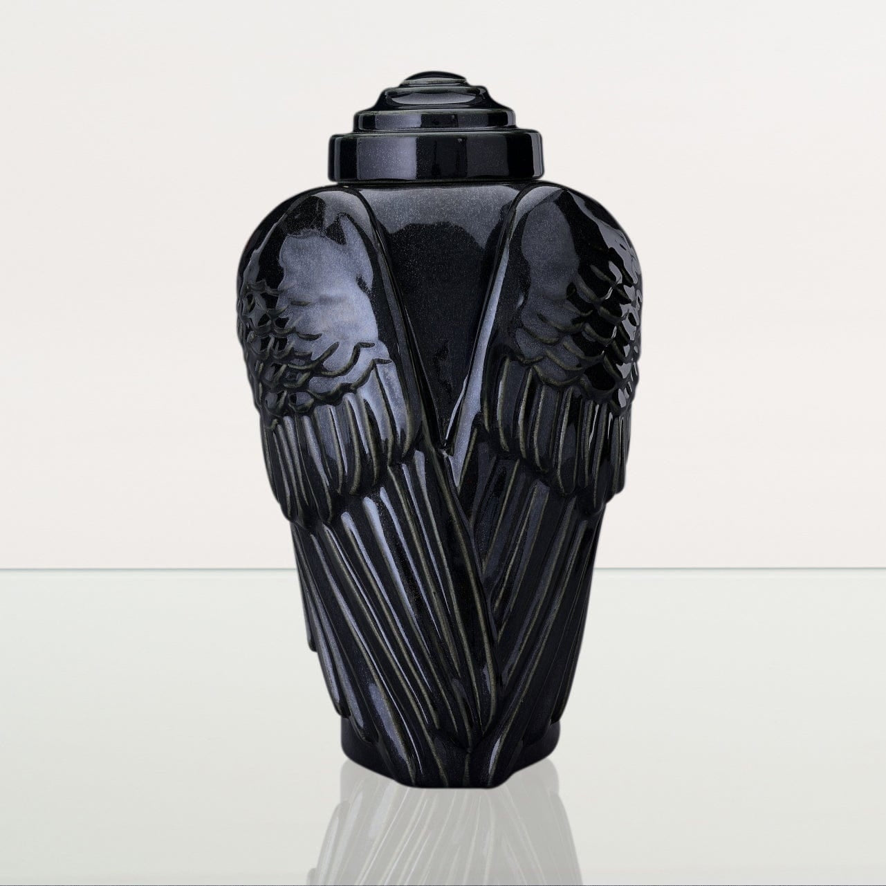 Handmade Cremation Urn for Ashes "Wings" - Large | Black Gloss | Ceramic Urn - Pulvis Art Urns
