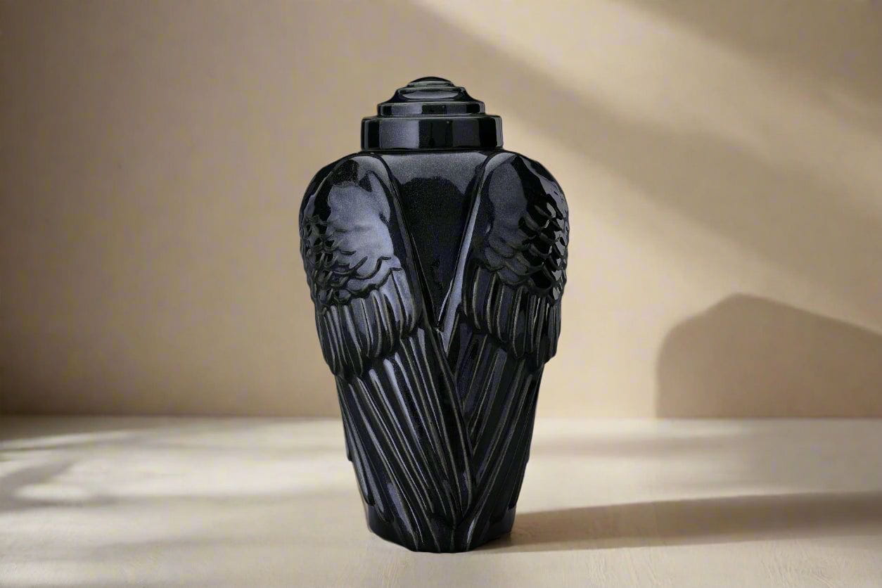 Handmade Cremation Urn for Ashes "Wings" - Large | Black Gloss | Ceramic Urn - Pulvis Art Urns