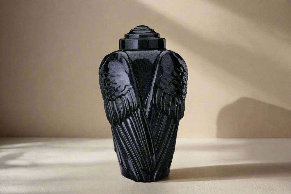 Pulvis Art Urns Adult Size Urn Handmade Cremation Urn for Ashes "Wings" - Large | Black Gloss | Ceramic Urn