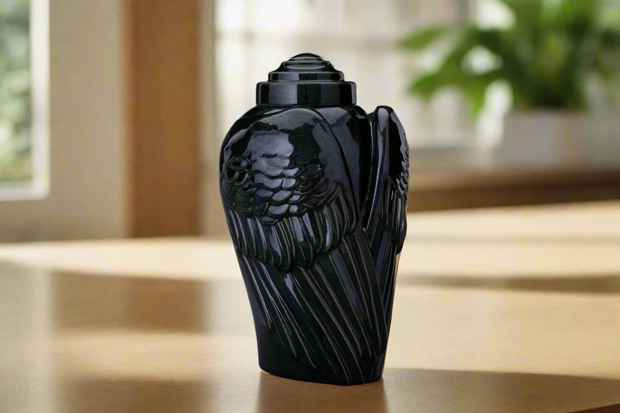 Handmade Cremation Urn for Ashes "Wings" - Large | Black Gloss | Ceramic Urn - Pulvis Art Urns
