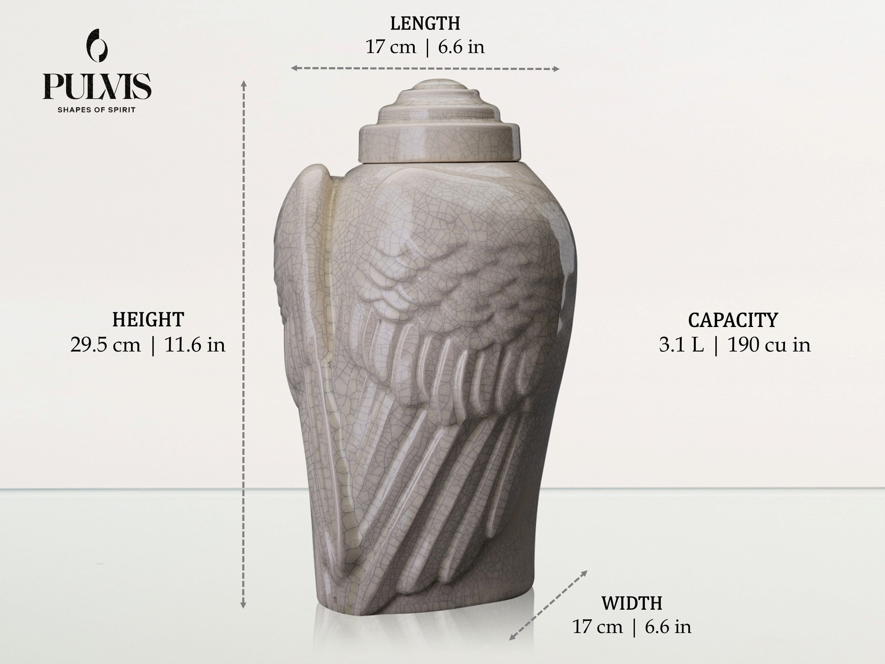 Pulvis Art Urns Adult Size Urn Handmade Cremation Urn for Ashes "Wings" - Large | Black Gloss | Ceramic Urn