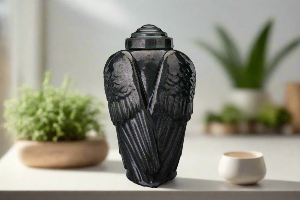 
                  
                    Pulvis Art Urns Adult Size Urn Handmade Cremation Urn for Ashes "Wings" - Large | Black Melange | Ceramic Urn
                  
                