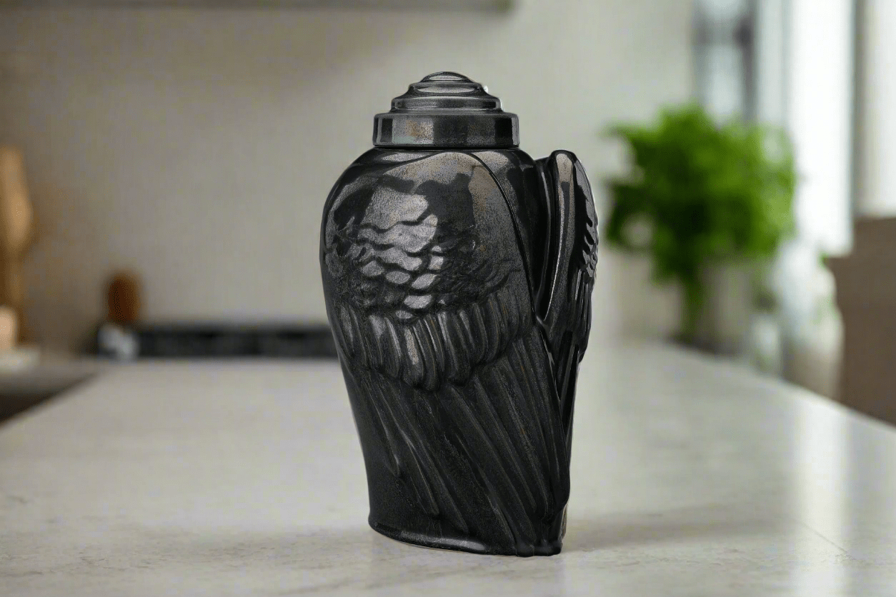 
                  
                    Pulvis Art Urns Adult Size Urn Handmade Cremation Urn for Ashes "Wings" - Large | Black Melange | Ceramic Urn
                  
                