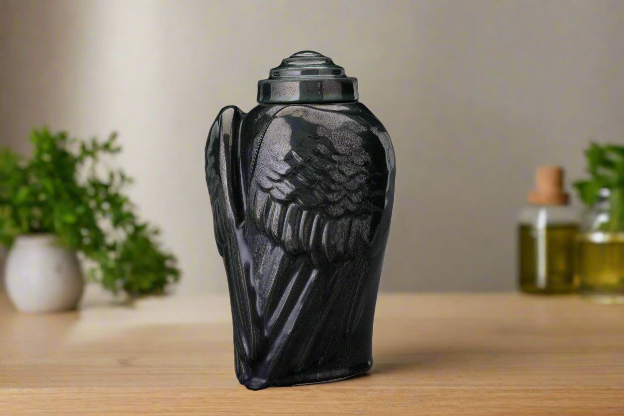 
                  
                    Pulvis Art Urns Adult Size Urn Handmade Cremation Urn for Ashes "Wings" - Large | Black Melange | Ceramic Urn
                  
                
