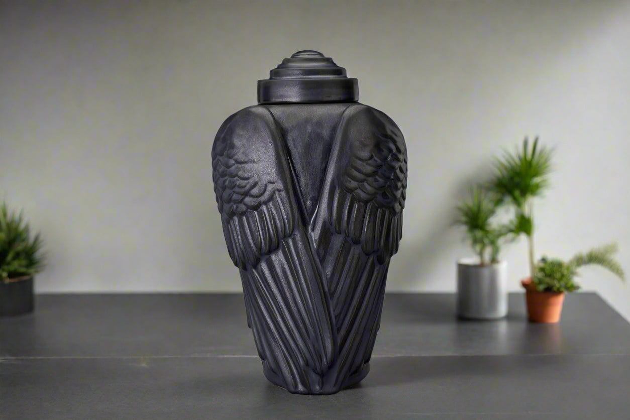 Handmade Cremation Urn for Ashes "Wings" - Large | Dark Matte | Ceramic Art Urn - Pulvis Art Urns