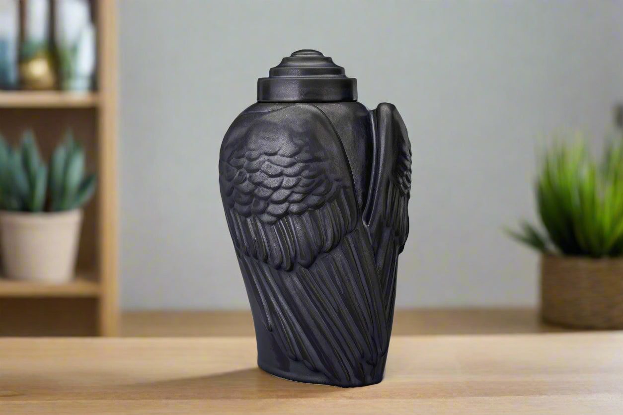 Handmade Cremation Urn for Ashes "Wings" - Large | Dark Matte | Ceramic Art Urn - Pulvis Art Urns