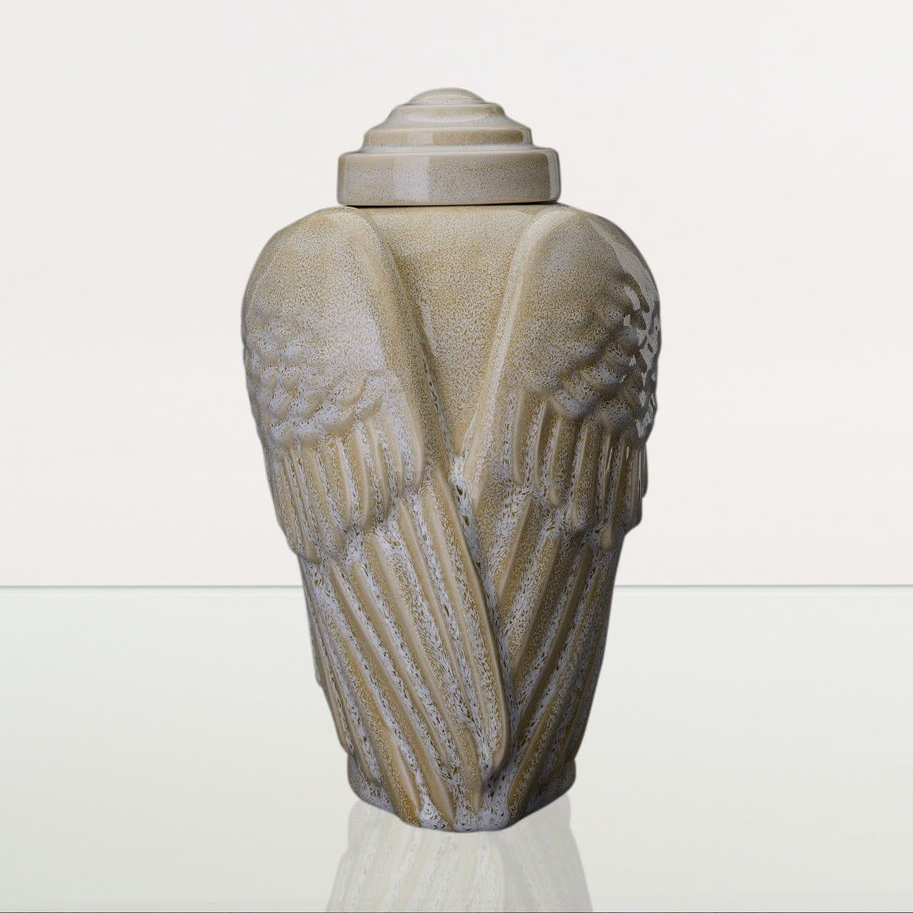 Handmade Cremation Urn for Ashes "Wings" - Large | Light Sand Melange | Ceramic Urn - Pulvis Art Urns