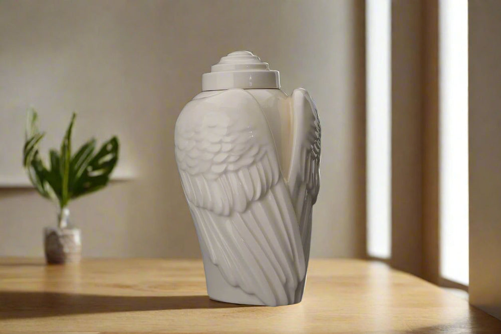 
                  
                    Pulvis Art Urns Adult Size Urn Handmade Cremation Urn for Ashes "Wings" - Large | Transparent | Ceramic Urn
                  
                