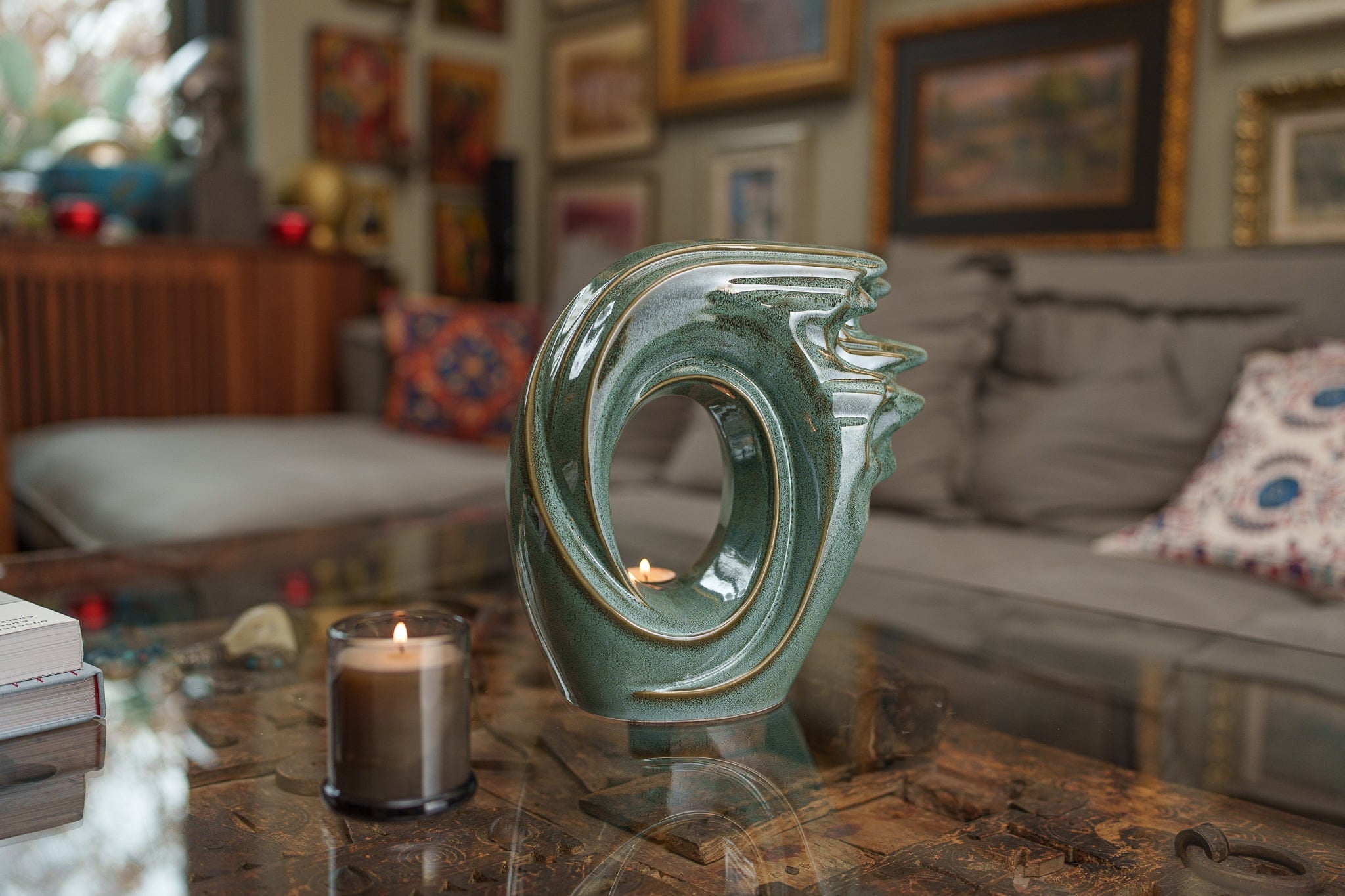 Pulvis Art Urns Adult Size Urn Handmade Cremation Urn "Zephyr" - Adult Ceramic Urn | Oily Green Melange