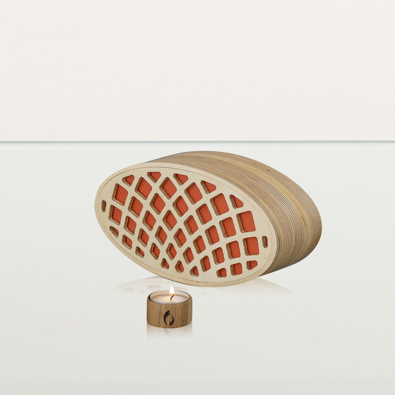 Wooden Cremation Urn "Remembrance" - Handmade - Orange Leather - Pulvis Art Urns