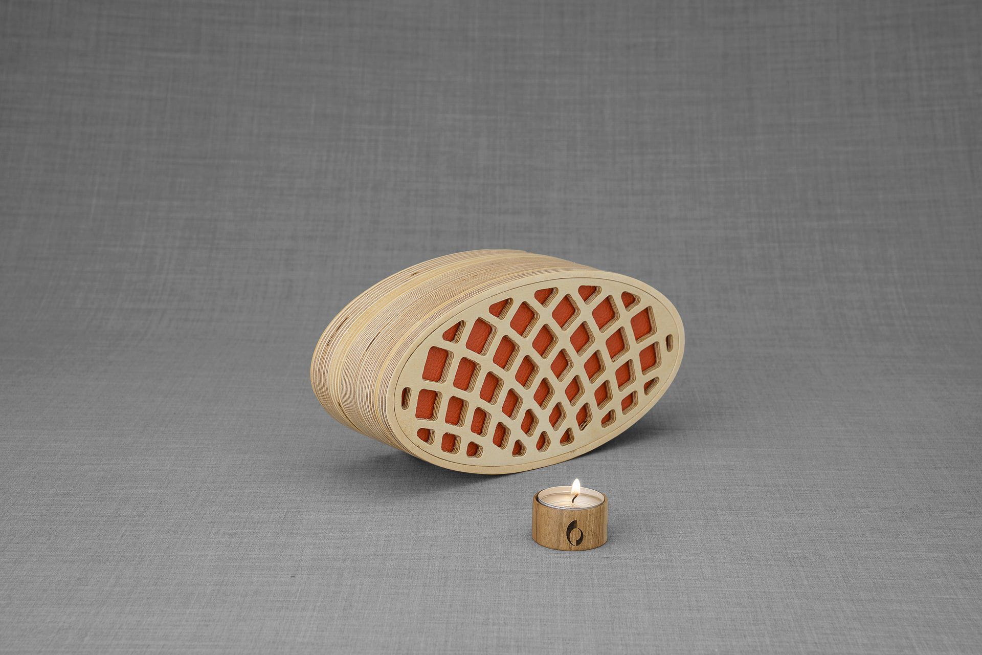 Wooden Cremation Urn "Remembrance" - Handmade - Orange Leather - Pulvis Art Urns