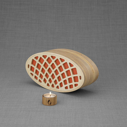 Wooden Cremation Urn "Remembrance" - Handmade - Orange Leather - Pulvis Art Urns