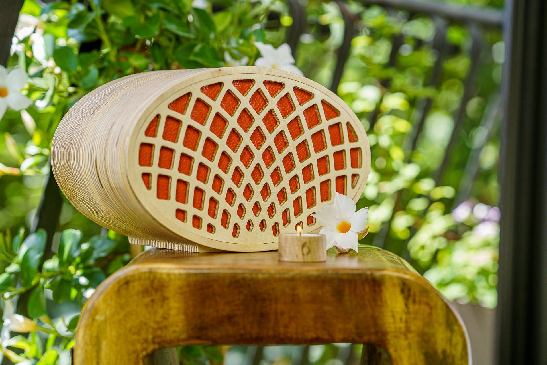 Wooden Cremation Urn "Remembrance" - Handmade - Orange Leather - Pulvis Art Urns