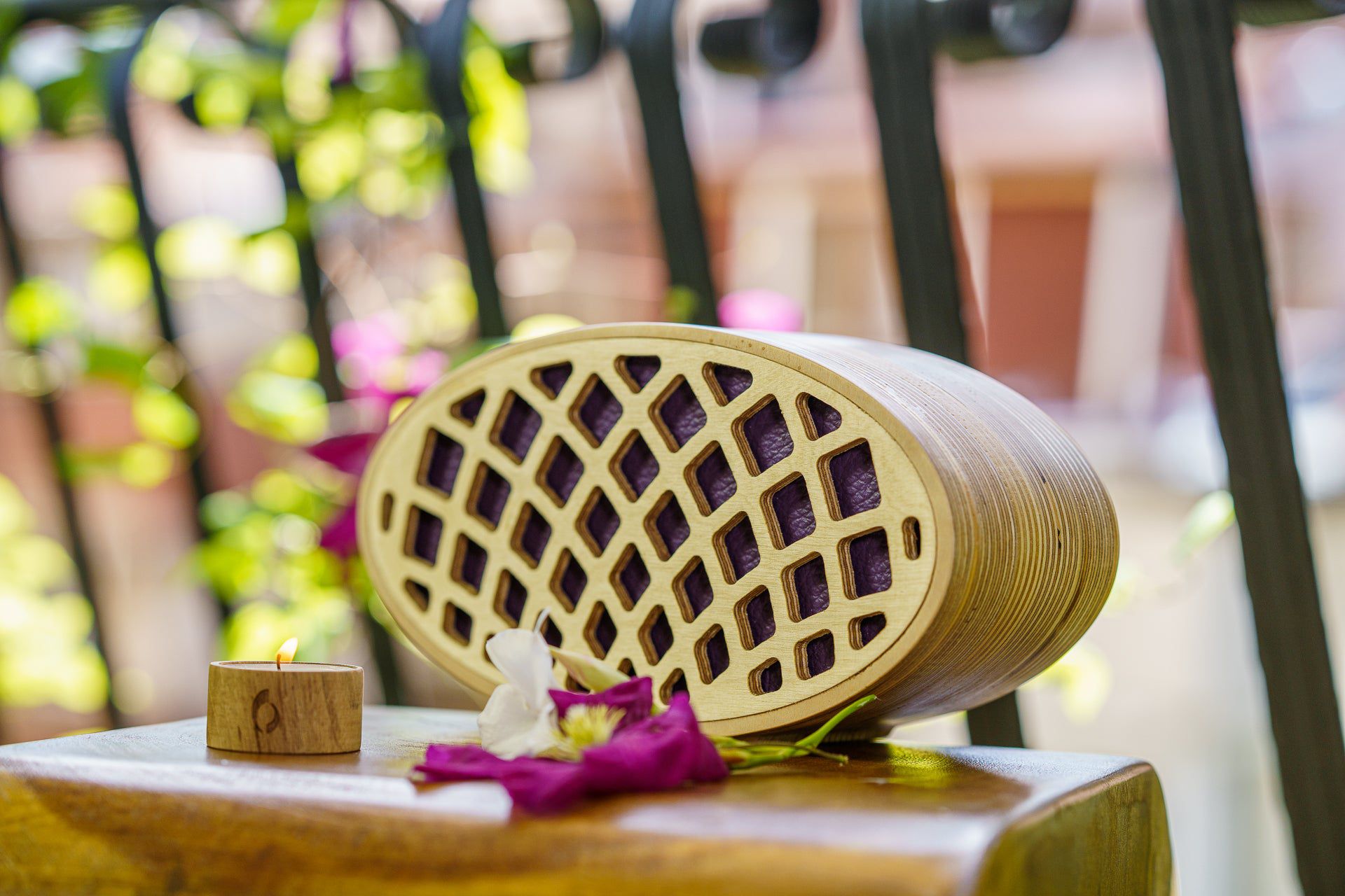 Wooden Cremation Urn "Remembrance" - Handmade - Purple Leather - Pulvis Art Urns