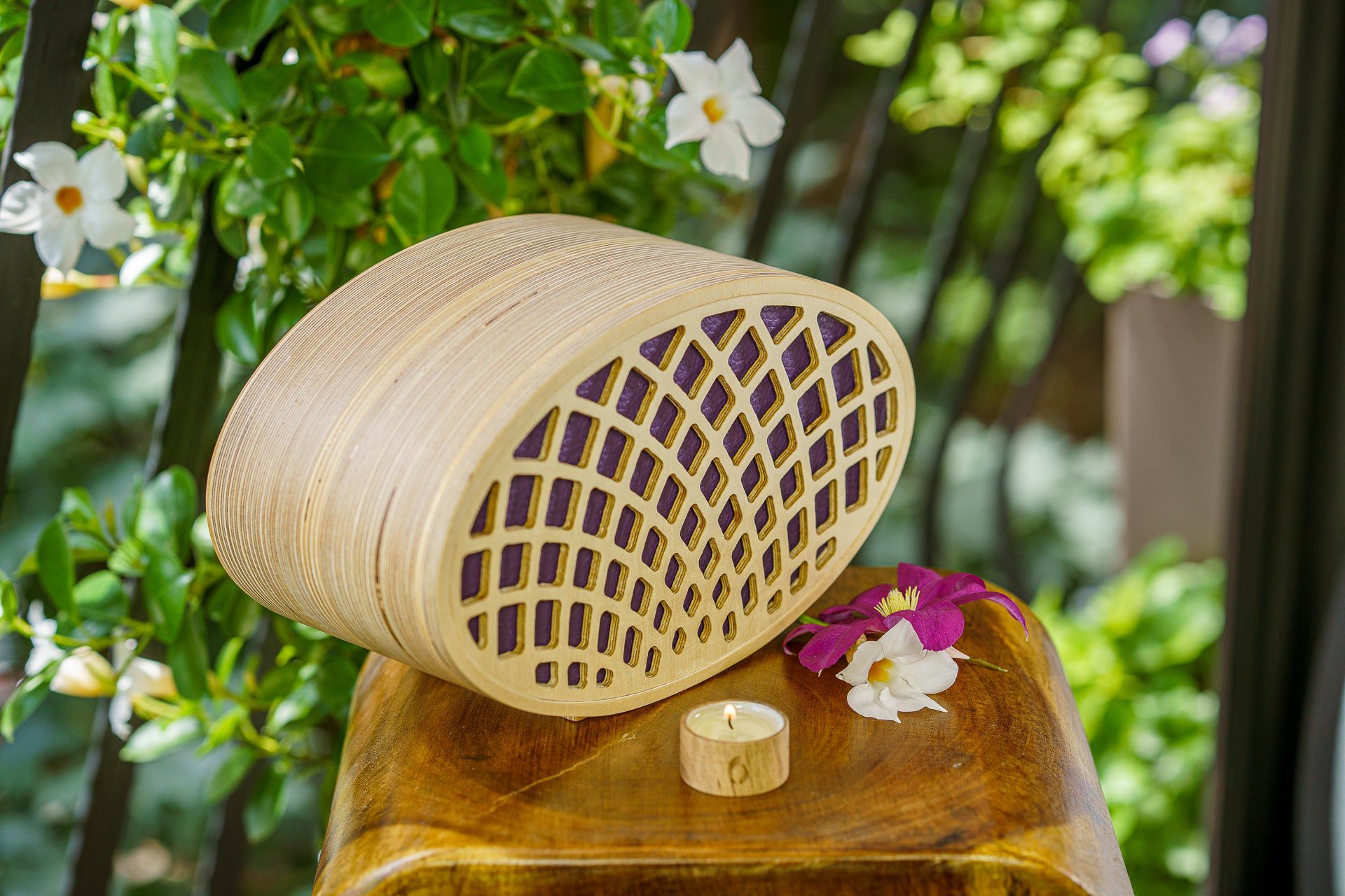 Wooden Cremation Urn "Remembrance" - Handmade - Purple Leather - Pulvis Art Urns